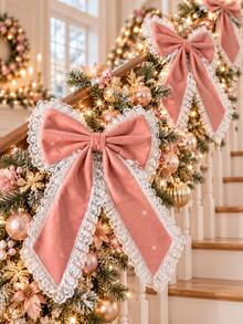 2pcs Pink Rhinestone Lace Bow Hanging Decorations, Large Christmas Tree Bow Decor With White Lace Trim, Holiday Wreath Embellishment, Staircase Garland Ribbon Bow, Gift Box Fireplace Window Holiday Home Party Decor, Winter Indoor Hanging Decoration - Multicolor - View 9