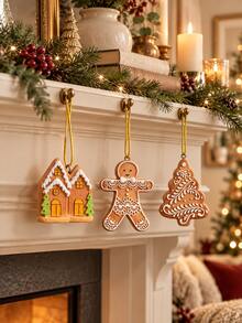3Pcs Gingerbread Christmas Tree Ornaments Set, Gingerbread Man, Gingerbread House & Christmas Tree Hanging Decorations, Cute Xmas Tree Decor, Holiday Home Party Decorations, Christmas Gifts - Multicolor - View 3