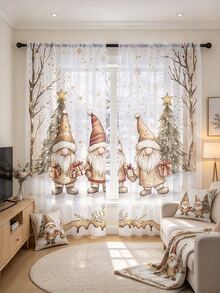 2PCS Christmas Gnome Gift Pine Tree Print AB Sheer Curtains, Bedroom Living Room Window Drapes, Rod Pocket Polyester, Home Decor - Multicolor - View 2