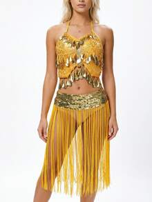 Y2K Halter Neck Sequined Bra Top Coin Tassel Fringe, Sequin Waistband ...