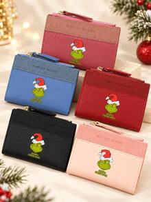Christmas PU Leather Bifold Short Wallet, Colorblock Zipper Coin Purse, Multi-Card Slot Card Holder, Merry Grinchmas Character Print Small Wallet, Daily Portable Holiday Accessory, Fan Christmas Gift - Multicolor - View 1