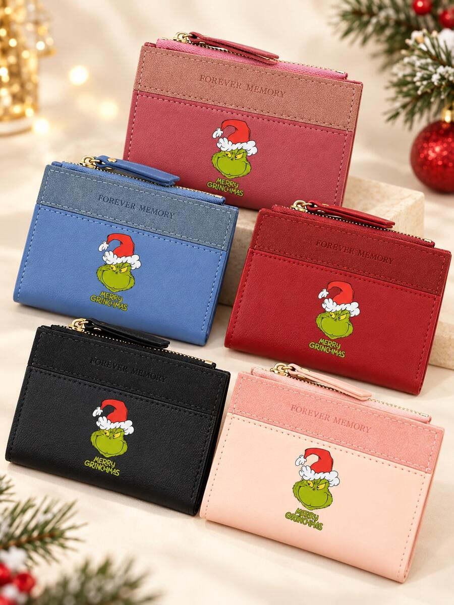 Christmas PU Leather Bifold Short Wallet, Colorblock Zipper Coin Purse, Multi-Card Slot Card Holder, Merry Grinchmas Character Print Small Wallet, Daily Portable Holiday Accessory, Fan Christmas Gift - Multicolor - View 1