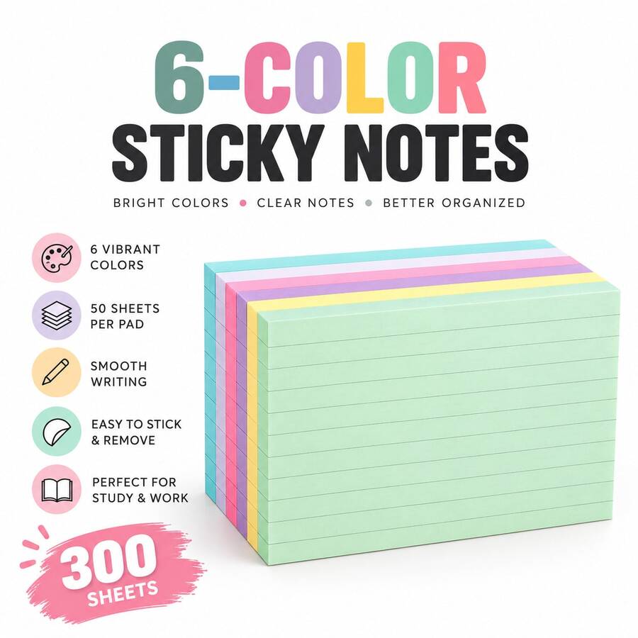 300 Sheets 6-Color Macaron Line Sticky Notes, 6 Pads Of 50 Sheets Each, Writable And Reusable Self-Adhesive Memo Paper, Suitable For Study, Reading, Reminders, To-Do Lists, Planners, Notebooks, School, Office And Home Use, Back To School - one-size - View 1