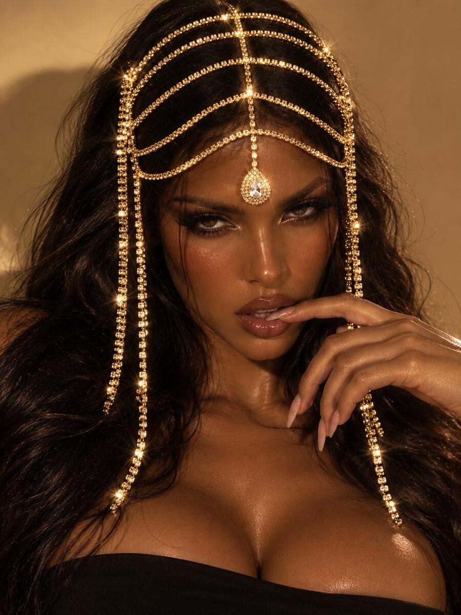 精緻閃耀多層長流蘇水鑽髮鏈,女性正式禮服晚宴珠寶飾品配件 - 金色 - 查看 1
