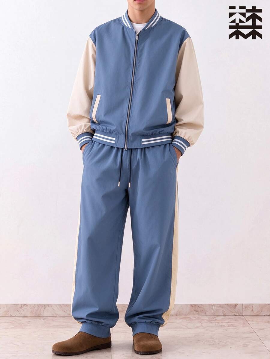 Mulinsen Men's Colorblock Baseball Style Sports Set, 2-Piece Zip-Up Stand Collar Jacket + Drawstring Cuffed Sweatpants, Casual Sports Outfit - Blue - View 1