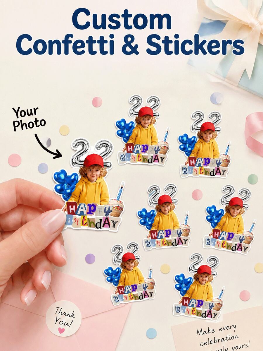 Stiker Ulang Tahun Foto Personalisasi, Stiker Wajah Kustom dengan Angka Usia, Label Ulang Tahun Kolase Vintage, Stiker Pesta Foto Kustom untuk Pembungkus Kado, Suvenir Pesta, Gelas, Tas, Undangan & Dekorasi Ulang Tahun - Multiwarna 2 - View 1