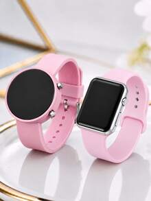 2 Buah Jam Tangan Digital LED dengan Tali Silikon Warna Pink, Gaya Minimalis, Layar Hitam, Dekorasi Tombol Perak, Jam Tangan Kasual Serbaguna, Cocok untuk Pemakaian Sehari-hari, Olahraga, dan Santai - Berwarna merah muda - View 6