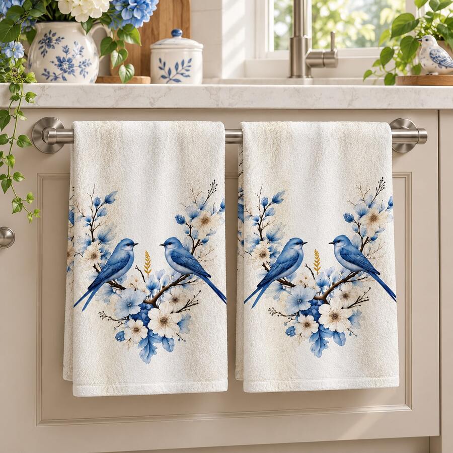 Bộ 2 món trang trí đế trắng họa tiết chim xanh và hoa, phù hợp cho nhà bếp, phòng tắm, nhà vệ sinh, trang trí nhà mùa đông, quà tặng Giáng Sinh - Nhiều màu - Xem 1
