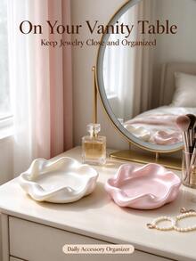 Petal‑Shaped Ceramic Jewelry Dish, Pearlescent Vanity Catchall Tray For Small Accessories, Decorative Storage Organizer For Dresser Bedroom Countertop - Multicolor - View 7