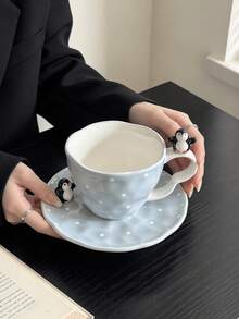 1 Set Cute Hand-Painted 3D Penguin Cup And Saucer, Hand-Molded 3D Ceramic Cup And Saucer, Exquisite Coffee Cup And Saucer, Beautiful Gift For Friends, Suitable For Home, Restaurant, Cafe, Dessert Shop, Gift-Giving, Gathering, Party - Multicolor - View 8