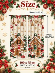 2pcs Christmas Gingerbread House Window Curtains, Candy Cane & Snowflake Print Drapes, Holiday Living Room Bedroom Decor, Xmas Window Decoration Set - C - View 14
