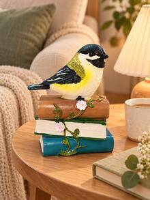 1pc Bird On Books Figurine, Cute Songbird & Floral Book Stack Tabletop Ornament, Cottage Style Home Decor For Bookshelf Reading Nook Desk Study Living Room, Gift For Book Lovers - A - View 9