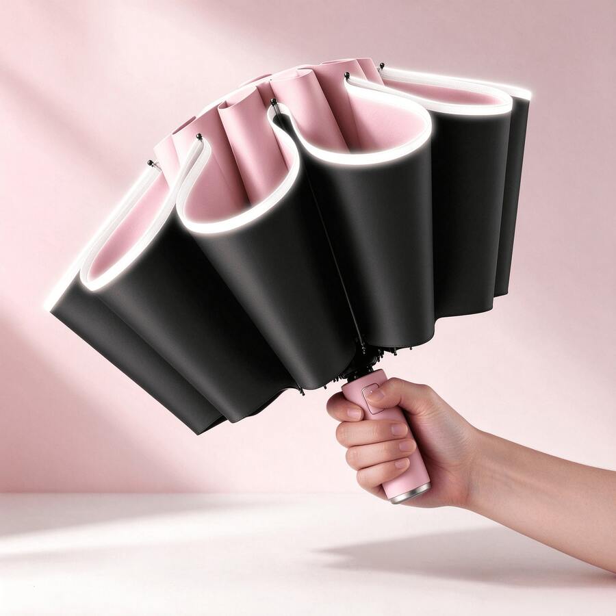 Ô dù gấp ngược bán tự động cỡ lớn dày dặn, màu hồng và đen, 10 nan chống gió, dải phản quang cho ban đêm, chống nắng chống mưa, UPF50+ chống tia UV, chống nước, ô du lịch cầm tay, phù hợp đi ô tô, phong cách unisex ngoài trời