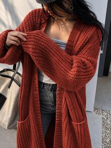 Plus Size Women V-Neck Pockets Long Sleeve Ribbed Knit Cardigan Sweater Casual Fall - Rust Brown - View 6