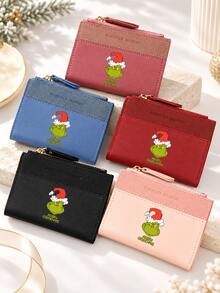Christmas PU Leather Bifold Short Wallet, Colorblock Zipper Coin Purse, Multi-Card Slot Card Holder, Merry Grinchmas Character Print Small Wallet, Daily Portable Holiday Accessory, Fan Christmas Gift - Multicolor - View 5