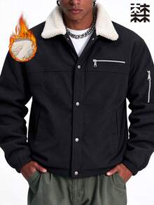 Mulinsen Men's Corduroy Jacket, Fleece Collar Warm Winter Coat, Multi-Zipper Pockets Button Front Casual Jacket - Black - View 3