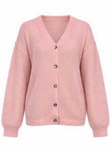 Women's Pink V-Neck Front Button Cardigan Sweater, Long Dropped Shoulder Knit Top, Medium Stretch Semi-Sheer, Suitable For Spring - Pink - View 5