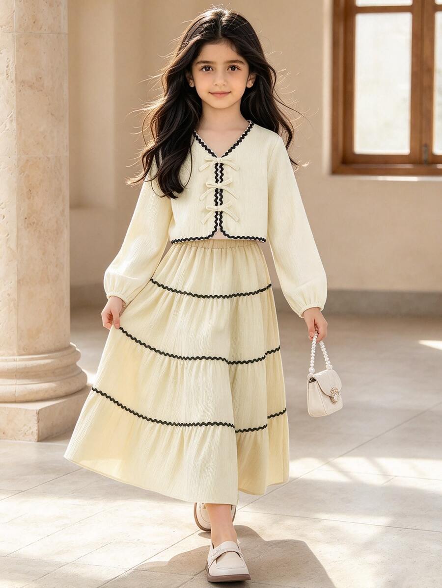 Left Mama Conjunto de blusa de manga larga con decoración de lazo elegante y falda, conjunto informal de primavera y otoño para niñas preadolescentes