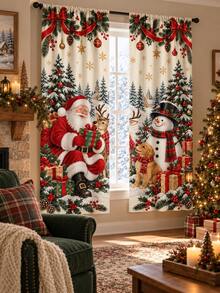 2pcs Christmas Window Curtains, Santa Snowman Reindeer & Gift Print Drapes, Winter Holiday Window Decor For Living Room Bedroom Kitchen, Xmas Home Decoration - A - View 2