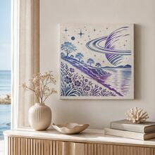 Large Celestial Landscape Stencil, Reusable Ringed Planet Lake & Wildflower Painting Template For Canvas, Fabric, Wall Art, Furniture & DIY Home Decor - White - View 4