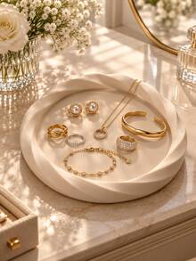 Set 3 Buah Baki Perhiasan Bulat Modern, Warna Krem, Pinggiran Berpilin, Untuk Meja Rias dan Pengorganisasian Ruang Rumah untuk Cincin, Anting, Gelang, Kalung, Baki Penyimpanan Dekoratif Elegan, Penyimpanan Aksesori Harian, Baki Perhiasan, Penyimpanan Meja Rias, Hadiah untuk Wanita - MultiWarna - View 4