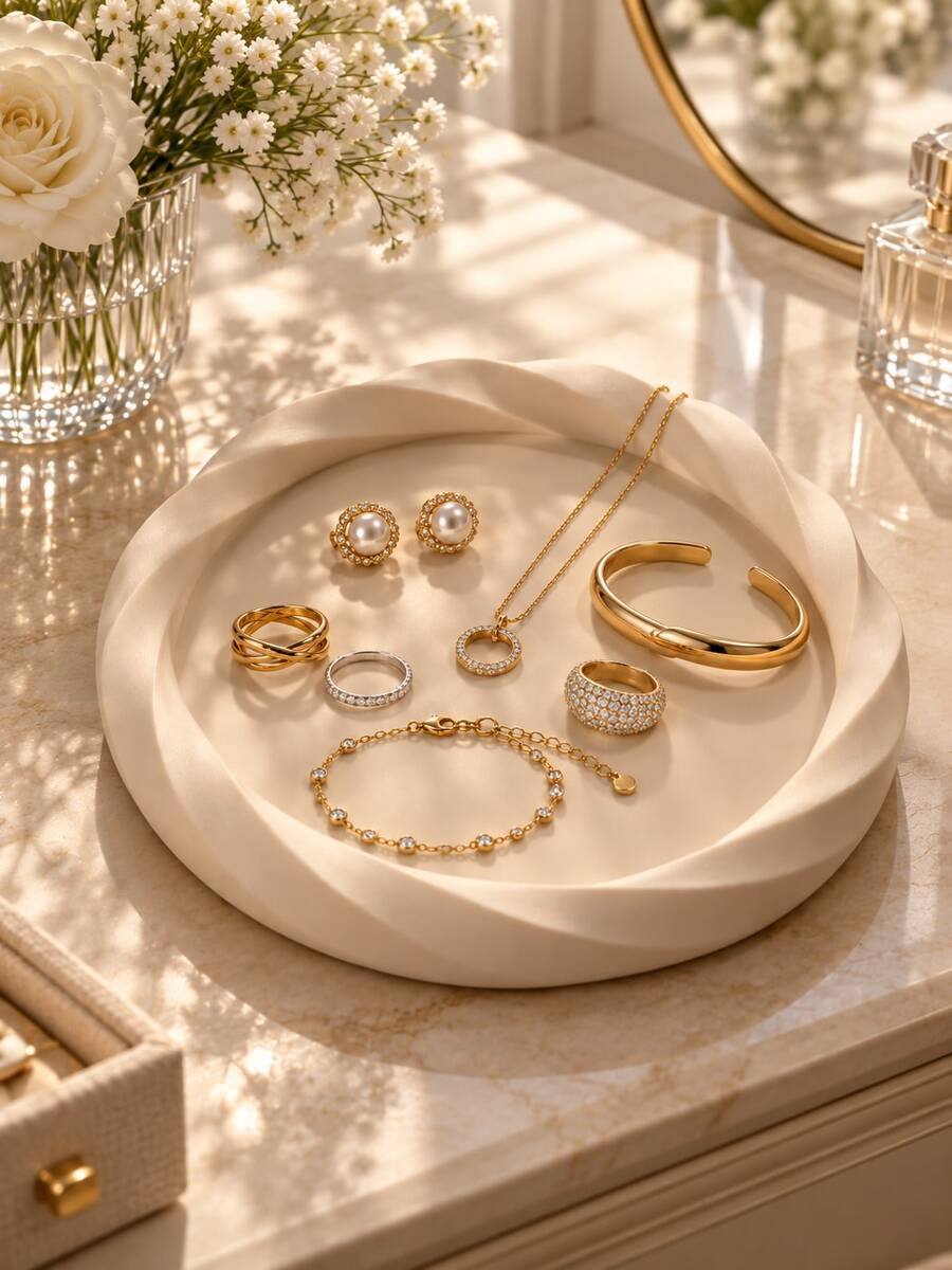 3-Piece Set Modern Round Jewelry Trays, Cream Finish, Twisted Rim, For Vanity And Home Space Organization Of Rings, Earrings, Bracelets, Necklaces, Elegant Decorative Storage Trays, Daily Accessory Storage, Jewelry Trays, Vanity Storage, Women's Gift - Multicolor - View 1