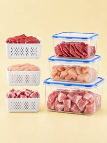 6pcs Refrigerator Food Storage Container Set With Drain Basket And Lid, Airtight Fresh-Keeping Vegetable And Fruit Box, Suitable For Fruits, Vegetables And Berries, Stackable Fridge Organizer, Kitchen Storage - View 6