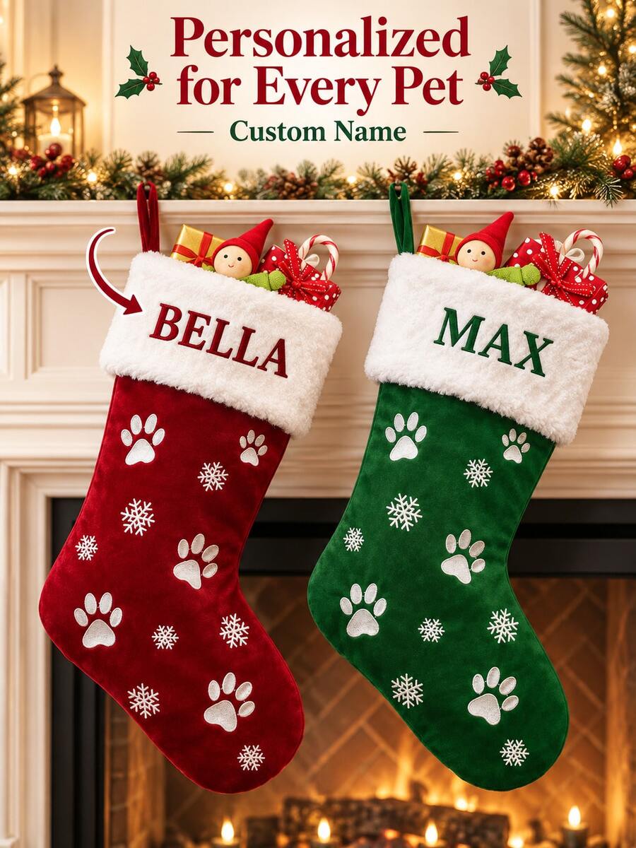 1pc Personalized Pet Christmas Stocking With Custom Name, Red Green Paw Print Snowflake Hanging Gift Bag, Fireplace Mantel Xmas Holiday Decor - Multicolor - View 1