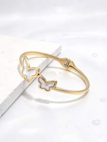 1pc Elegant Personalized Charming Fashionable Ins Style Stainless Steel Gold-Plated Shell Inlaid Butterfly Bracelet, Women's Party Gift Choice - Butterfly - View 3