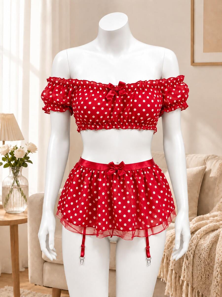 Red Polka Dot Off Shoulder Lingerie Set, Bow Puff Sleeve Top + Fluffy Mini Skirt, Couple Date Night Outfit - Red - View 1