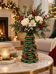 Christmas Tree Shaped Resin Vase, Green Decorative Flower Holder For Evergreen Branches, Red Berries & Artificial Flowers, Holiday Table Centerpiece, Mantel Shelf Entryway Christmas Home Decor - A - View 2