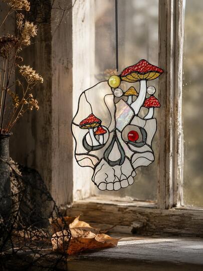 1pc Halloween Skeleton Mushroom Window Hanging Decoration, Translucent Effect Pendant, Skeleton Head Mushroom Pattern Hanging Ornament, Dark Style Wall Decor, Halloween Home Decoration, Window Hanging Ornament, Living Room Bedroom Study Background Decoration, Door Frame Wall Decoration, Porch Entrance Hanging Ornament, Photo Background Prop, Holiday Atmosphere Decoration, Haunted House Theme Scene Display, Skeleton Pattern Decorative Sign, Red Mushroom Shaped Pendant