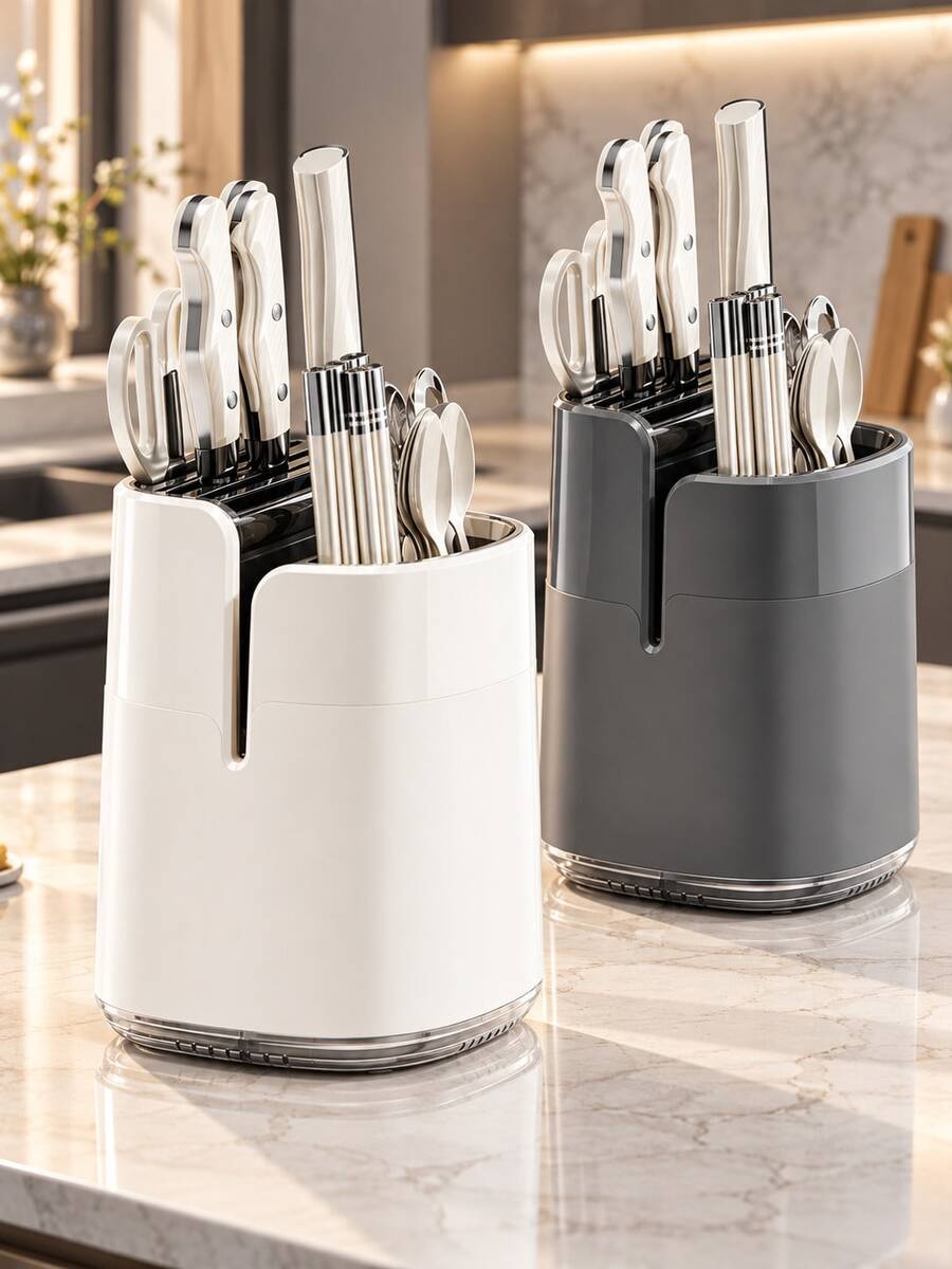 Modern ABS Plastic Kitchen Knife Holder With Multi-Slot Design, Removable Drip Tray And Built-In Sharpener, Large Capacity Countertop Utensil Organizer For Knives, Scissors, Chopsticks, Spoons, Forks, Home Kitchen, Autumn/Winter Style