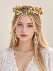 2Pcs Boho Gold Green Leaf Pearl Headband Set Bridesmaid Wedding Photoshoot Hair Accessories - Multicolor - View 1
