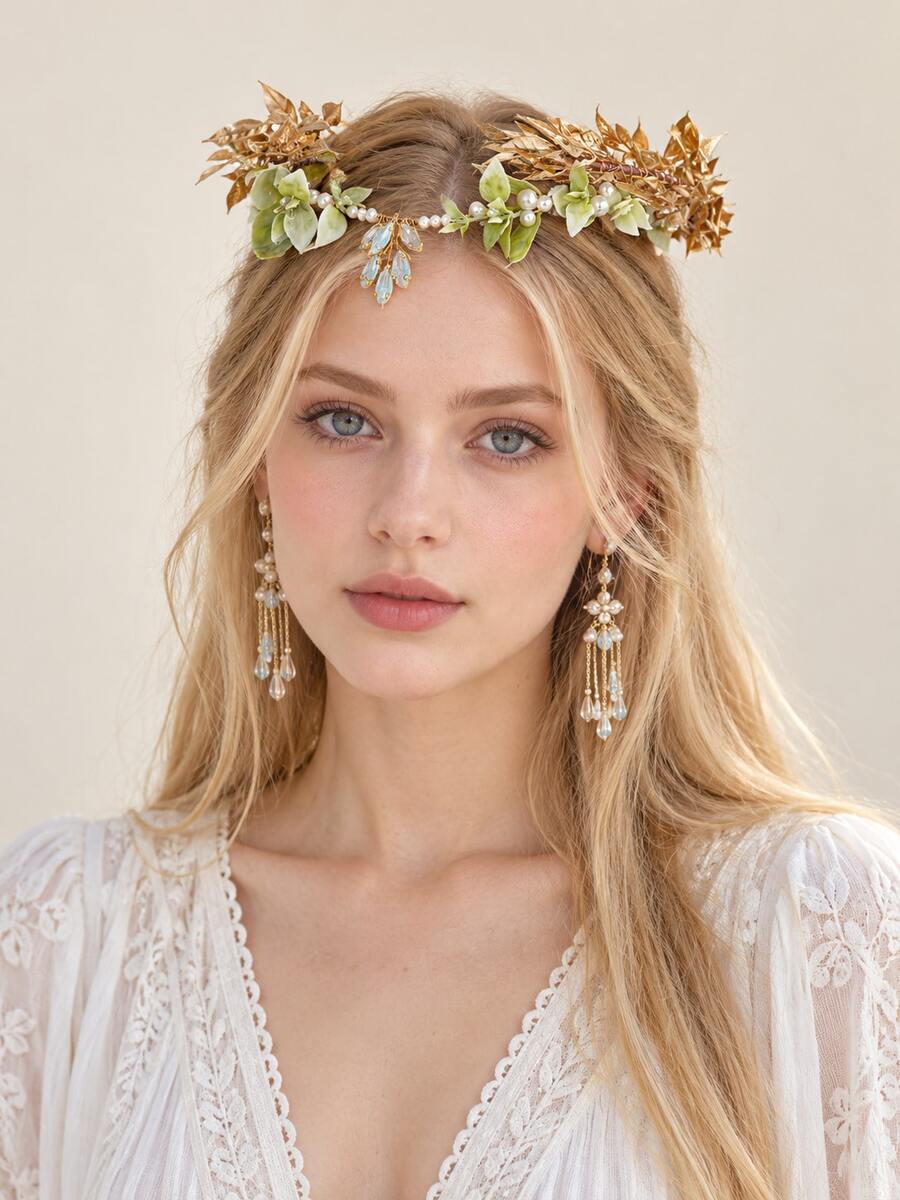 2Pcs Boho Gold Green Leaf Pearl Headband Set Bridesmaid Wedding Photoshoot Hair Accessories - Multicolor - View 1