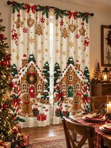 2pcs Christmas Gingerbread House Window Curtains, Candy Cane & Snowflake Print Drapes, Holiday Living Room Bedroom Decor, Xmas Window Decoration Set - C - View 1