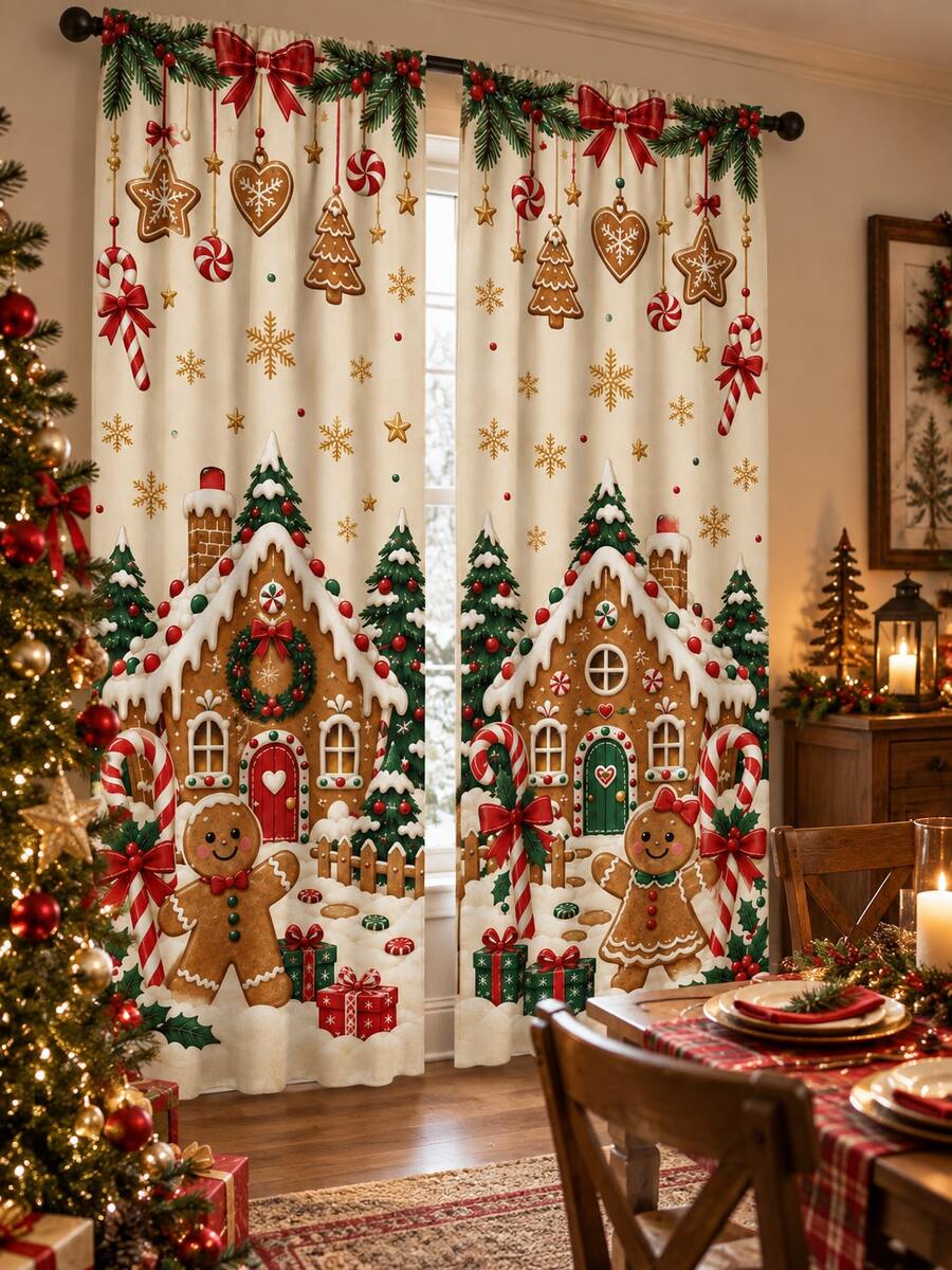 2pcs Christmas Gingerbread House Window Curtains, Candy Cane & Snowflake Print Drapes, Holiday Living Room Bedroom Decor, Xmas Window Decoration Set - C - View 1