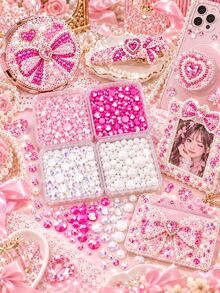 Pink Series 4-Grid Resin Flat Back Rhinestone Set, Deep & Light Pink Iridescent Rhinestones Paired With White Iridescent Rhinestones And Half-Round Pearls, Assorted Sizes. Faceted High-Shine Transparent, Easy To Apply, Suitable For Idol Fans, K-Pop Cards, Phone Cases, Creating Sweet Girl Style Fan Decoration Crafts. (Finished Product Not Included) - 4-compartment Pink Series - View 2