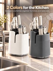 Modern ABS Plastic Kitchen Knife Holder With Multi-Slot Design, Removable Drip Tray And Built-In Sharpener, Large Capacity Countertop Utensil Organizer For Knives, Scissors, Chopsticks, Spoons, Forks, Home Kitchen, Autumn/Winter Style - Multicolor - View 3