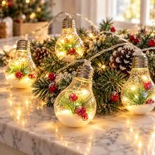 Solar LED String Lights With Christmas Mini Scene Bulbs, Vintage Transparent Bulbs With Pine, Red Berry & Snow Decor, Waterproof, Ideal For Holiday Wall, Mantel & Bedroom Styling - Christmas Ornament - View 6
