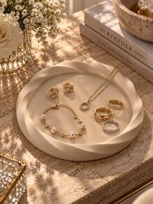 Set 3 Buah Baki Perhiasan Bulat Modern, Warna Krem, Pinggiran Berpilin, Untuk Meja Rias dan Pengorganisasian Ruang Rumah untuk Cincin, Anting, Gelang, Kalung, Baki Penyimpanan Dekoratif Elegan, Penyimpanan Aksesori Harian, Baki Perhiasan, Penyimpanan Meja Rias, Hadiah untuk Wanita - MultiWarna - View 3