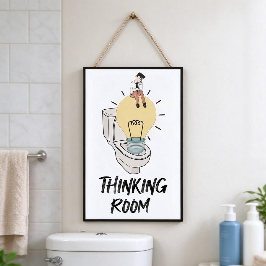 1pc Thinking Room Wooden Hanging Sign, Funny Cartoon Toilet Light Bulb Pattern Wall Plaque, Humorous Bathroom Restroom Door Wall Decor - A - View 1
