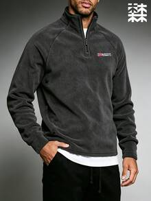 Mulinsen Men's 1/4 Zip Fleece Pullover, Stand Collar Embroidered Outdoor Warm Fleece Sweatshirt - Black - View 3