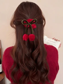 1pc Cute Velvet Red Flower Scrunchie, Sweet Hair Tie For Bun Ponytail, Hair Accessories For Women - Red - View 2