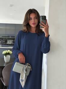 1pc Simple Breathable Skin-Friendly Fabric Back Zipper Elastic Sleeve Design Women's Dress Abaya For Daily Wear - Multicolor - View 14