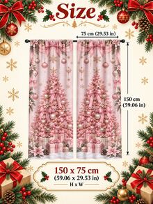 2pcs Pink Christmas Tree Window Curtains, Bow Ornament & Snowflake Print Drapes, Elegant Holiday Living Room Bedroom Decor, Xmas Window Decoration Set - B - View 13