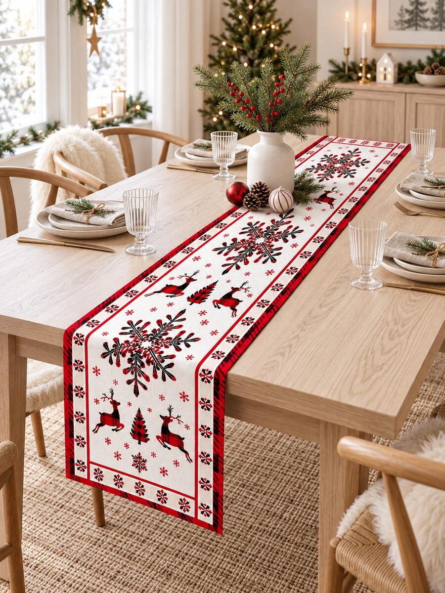 1pc-Christmas Table Runner, Red Plaid Reindeer Snowflake Mini Christmas Tree Pattern Table Runner, Rustic Farmhouse Xmas Holiday Table Decor - Multicolor - View 1