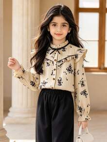 Left Mama Girls Elegant Vintage Floral Print Cap Sleeve Top & Straight Leg Pants Set - Khaki - View 1