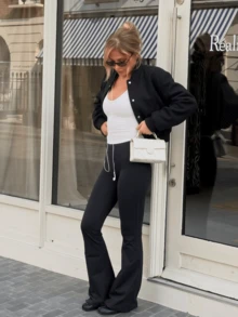 Women's Black, Soft, Loose-Fit Bomber Jacket For Autumn And Winter-Suitable For Daily Wear, Going Out, Or Halloween. - Black - View 4