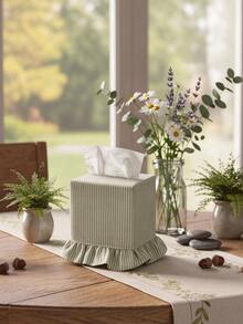 1pc Aesthetic Cottagecore Fabric Square Tissue Box Cover With Striped Pattern And Ruffled Hem Soft Desktop Napkin Holder Dispenser Organizer To Decorate Bedroom Nightstand Living Room Coffee Table Spring Home Decor Women Gifts Suitable For Christmas - Multicolor - View 8